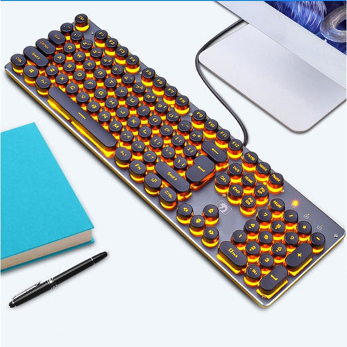 Backlit Gaming Keyboard Steampunk Retro Round Keycap USB Wired